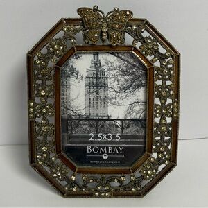 Vintage BOMBAY Butterfly Gold Jeweled Enamel Cadre Opalin Frame picture 2.5x3.5